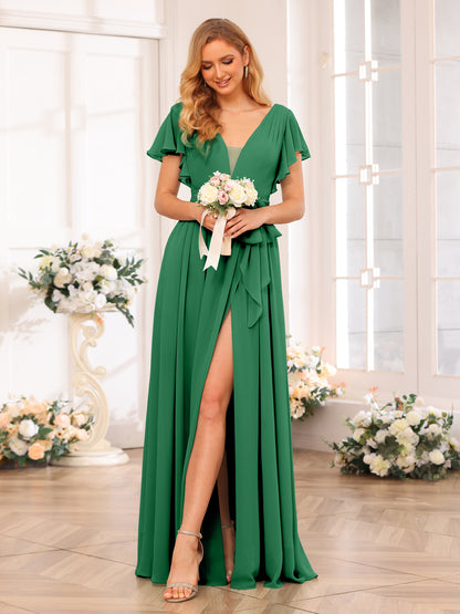 Forme Princesse Col en V Longue Robes de soirée de mariage avec Côté fendu et ceinture