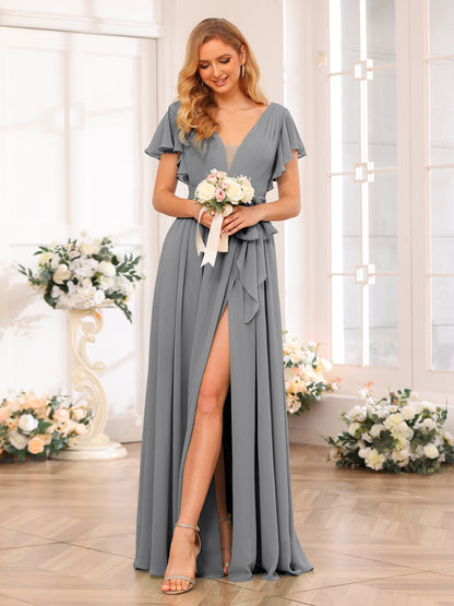 Forme Princesse Col en V Longue Robes de soirée de mariage avec Côté fendu et ceinture