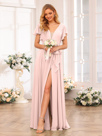 Forme Princesse Col en V Longue Robes de soirée de mariage avec Côté fendu et ceinture