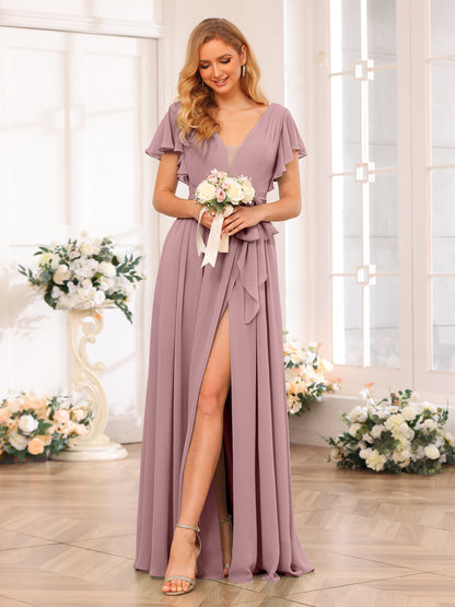 Forme Princesse Col en V Longue Robes de soirée de mariage avec Côté fendu et ceinture