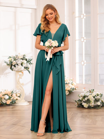 Forme Princesse Col en V Longue Robes de soirée de mariage avec Côté fendu et ceinture