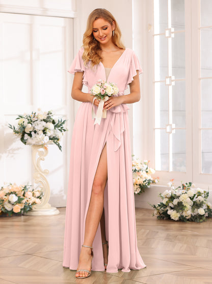 Forme Princesse Col en V Longue Robes de soirée de mariage avec Côté fendu et ceinture