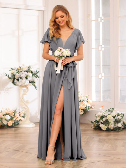 Forme Princesse Col en V Longue Robes de soirée de mariage avec Côté fendu et ceinture