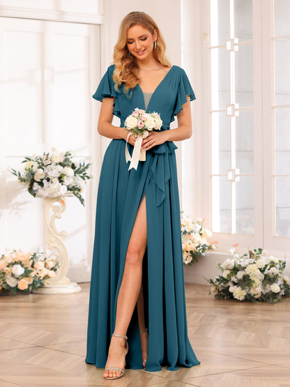 Forme Princesse Col en V Longue Robes de soirée de mariage avec Côté fendu et ceinture