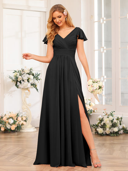 Forme Princesse Col en V Longue Robes de soirée de mariage avec Côté fendu et poches