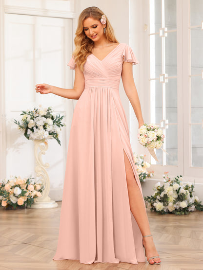 Forme Princesse Col en V Longue Robes de soirée de mariage avec Côté fendu et poches