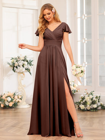 Forme Princesse Col en V Longue Robes de soirée de mariage avec Côté fendu et poches