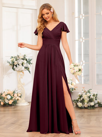 Forme Princesse Col en V Longue Robes de soirée de mariage avec Côté fendu et poches