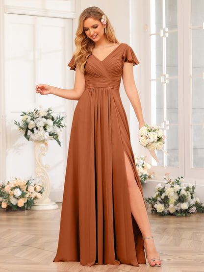 Forme Princesse Col en V Longue Robes de soirée de mariage avec Côté fendu et poches