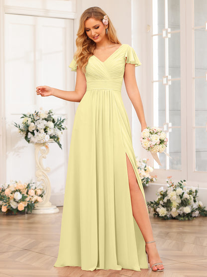 Forme Princesse Col en V Longue Robes de soirée de mariage avec Côté fendu et poches