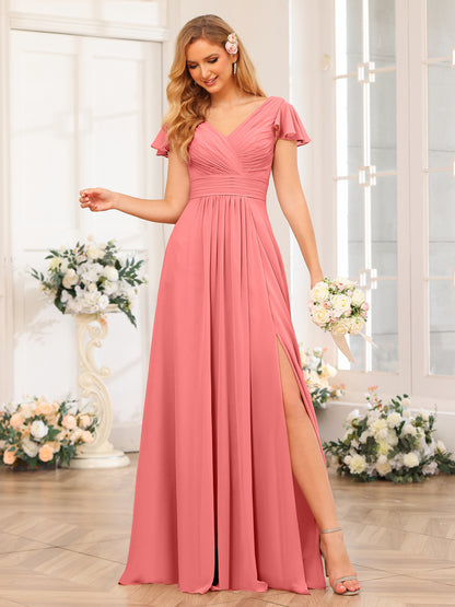 Forme Princesse Col en V Longue Robes de soirée de mariage avec Côté fendu et poches