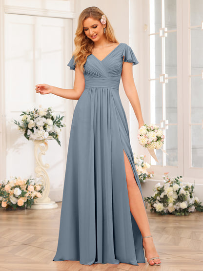 Forme Princesse Col en V Longue Robes de soirée de mariage avec Côté fendu et poches