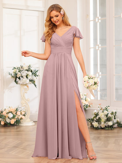Forme Princesse Col en V Longue Robes de soirée de mariage avec Côté fendu et poches