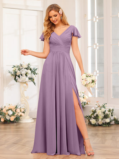 Forme Princesse Col en V Longue Robes de soirée de mariage avec Côté fendu et poches