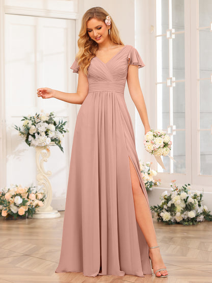 Forme Princesse Col en V Longue Robes de soirée de mariage avec Côté fendu et poches