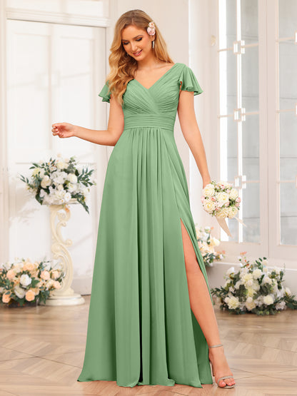 Forme Princesse Col en V Longue Robes de soirée de mariage avec Côté fendu et poches