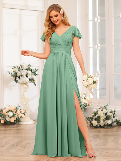 Forme Princesse Col en V Longue Robes de soirée de mariage avec Côté fendu et poches