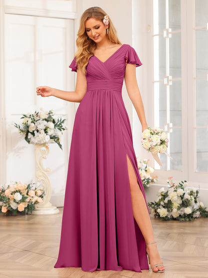 Forme Princesse Col en V Longue Robes de soirée de mariage avec Côté fendu et poches