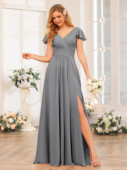 Forme Princesse Col en V Longue Robes de soirée de mariage avec Côté fendu et poches
