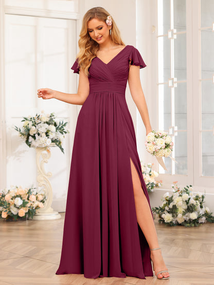 Forme Princesse Col en V Longue Robes de soirée de mariage avec Côté fendu et poches