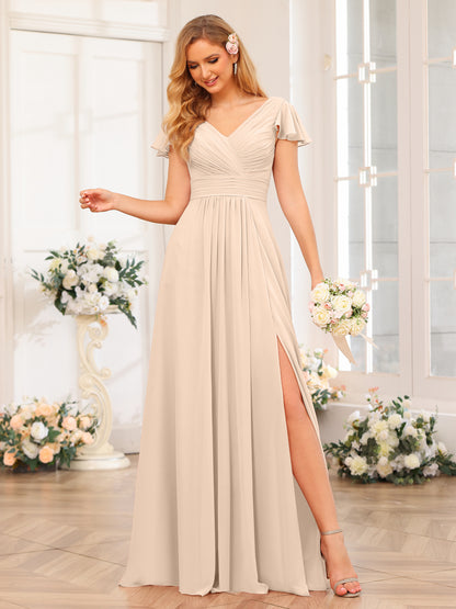 Forme Princesse Col en V Longue Robes de soirée de mariage avec Côté fendu et poches