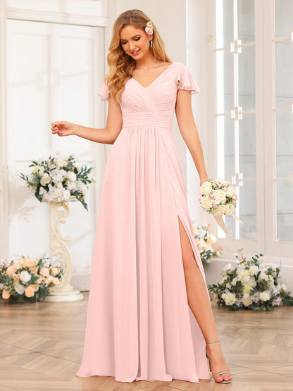 Forme Princesse Col en V Longue Robes de soirée de mariage avec Côté fendu et poches