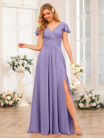 Forme Princesse Col en V Longue Robes de soirée de mariage avec Côté fendu et poches