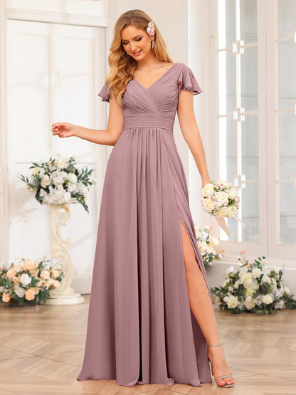 Forme Princesse Col en V Longue Robes de soirée de mariage avec Côté fendu et poches