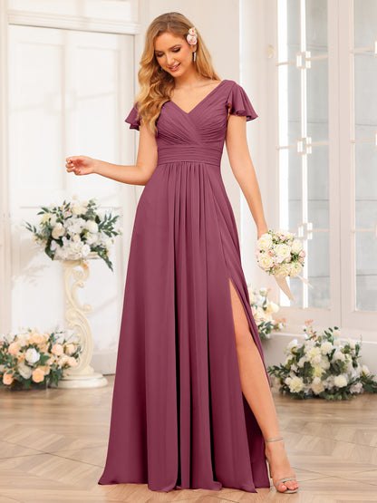Forme Princesse Col en V Longue Robes de soirée de mariage avec Côté fendu et poches