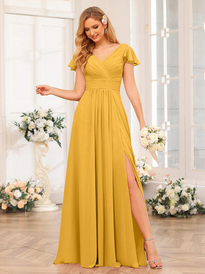 Forme Princesse Col en V Longue Robes de soirée de mariage avec Côté fendu et poches