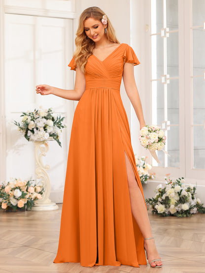 Forme Princesse Col en V Longue Robes de soirée de mariage avec Côté fendu et poches