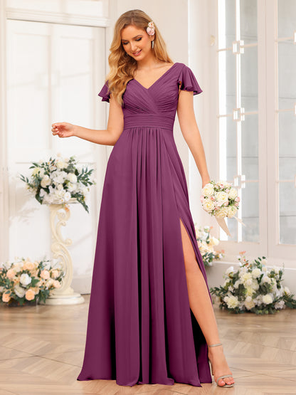 Forme Princesse Col en V Longue Robes de soirée de mariage avec Côté fendu et poches