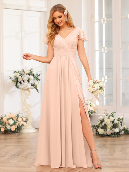 Forme Princesse Col en V Longue Robes de soirée de mariage avec Côté fendu et poches