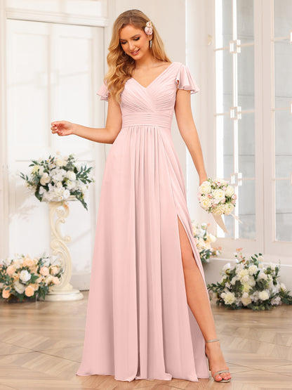 Forme Princesse Col en V Longue Robes de soirée de mariage avec Côté fendu et poches