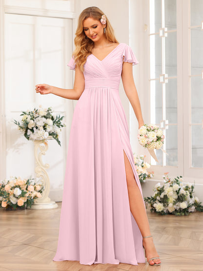 Forme Princesse Col en V Longue Robes de soirée de mariage avec Côté fendu et poches