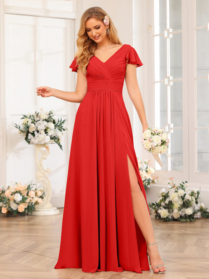 Forme Princesse Col en V Longue Robes de soirée de mariage avec Côté fendu et poches