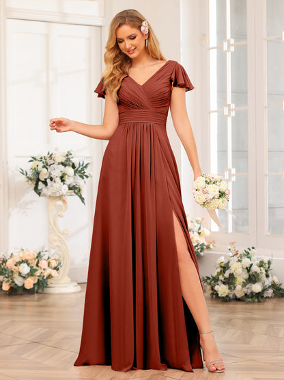 Forme Princesse Col en V Longue Robes de soirée de mariage avec Côté fendu et poches