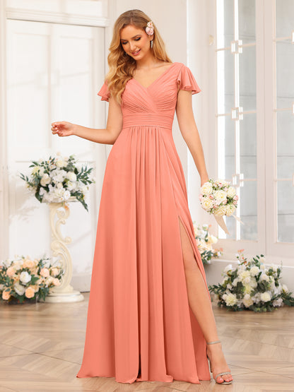 Forme Princesse Col en V Longue Robes de soirée de mariage avec Côté fendu et poches