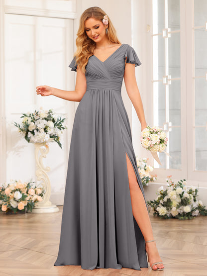 Forme Princesse Col en V Longue Robes de soirée de mariage avec Côté fendu et poches
