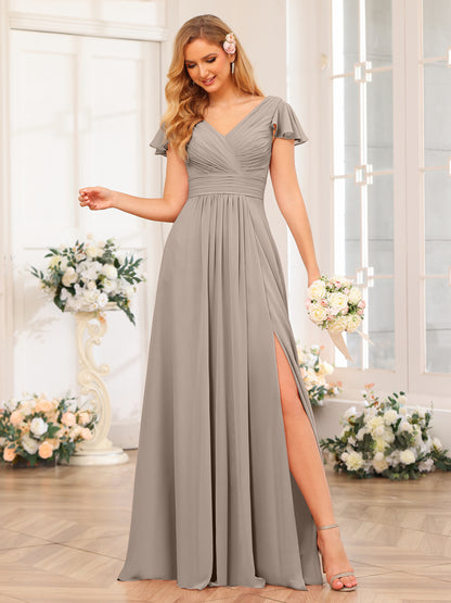 Forme Princesse Col en V Longue Robes de soirée de mariage avec Côté fendu et poches