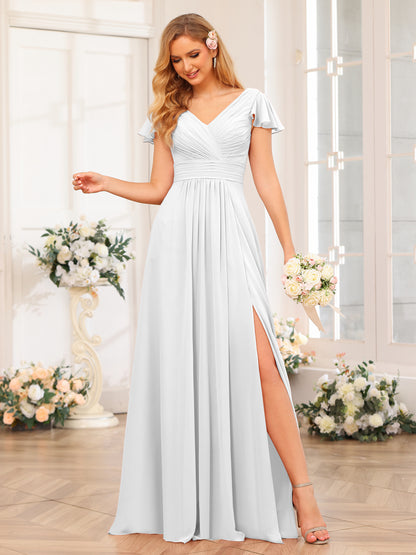 Forme Princesse Col en V Longue Robes de soirée de mariage avec Côté fendu et poches