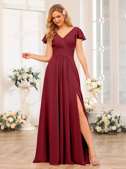 Forme Princesse Col en V Longue Robes de soirée de mariage avec Côté fendu et poches