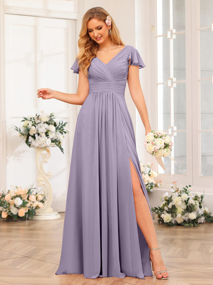 Forme Princesse Col en V Longue Robes de soirée de mariage avec Côté fendu et poches