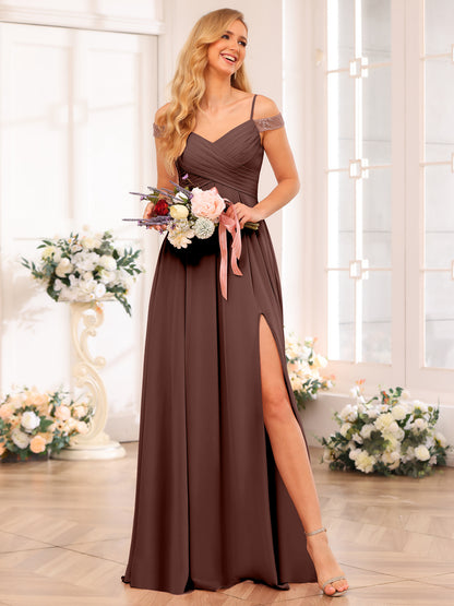 Forme Princesse Bretelles spaghetti Longue Robes de soirée de mariage avec Côté fendu et poches