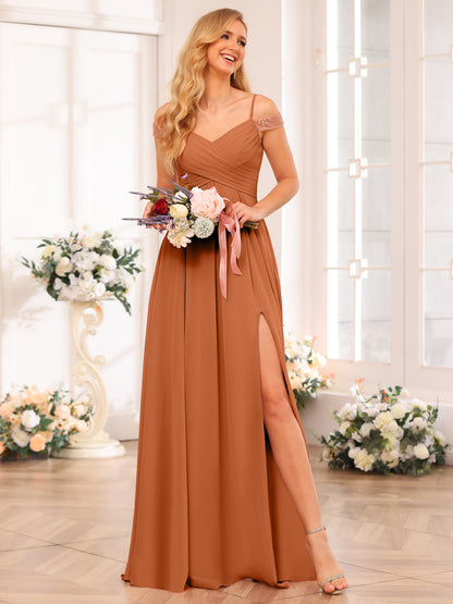 Forme Princesse Bretelles spaghetti Longue Robes de soirée de mariage avec Côté fendu et poches