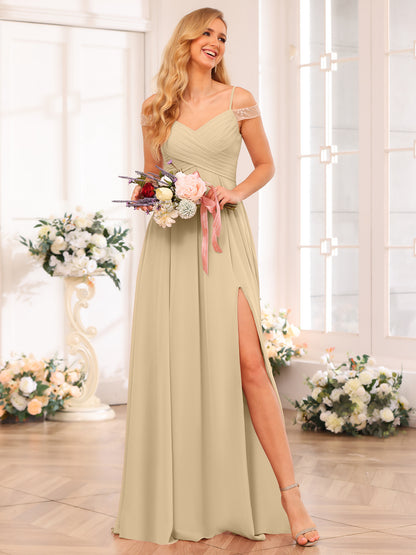 Forme Princesse Bretelles spaghetti Longue Robes de soirée de mariage avec Côté fendu et poches