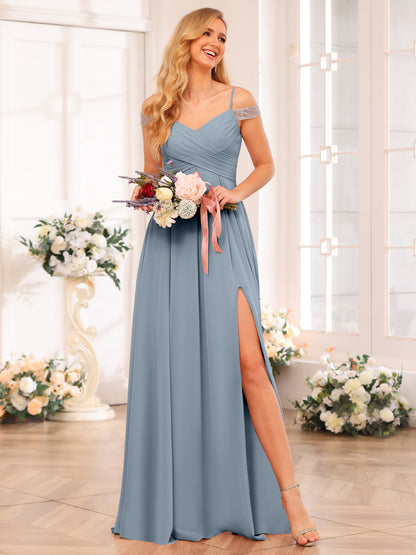 Forme Princesse Bretelles spaghetti Longue Robes de soirée de mariage avec Côté fendu et poches