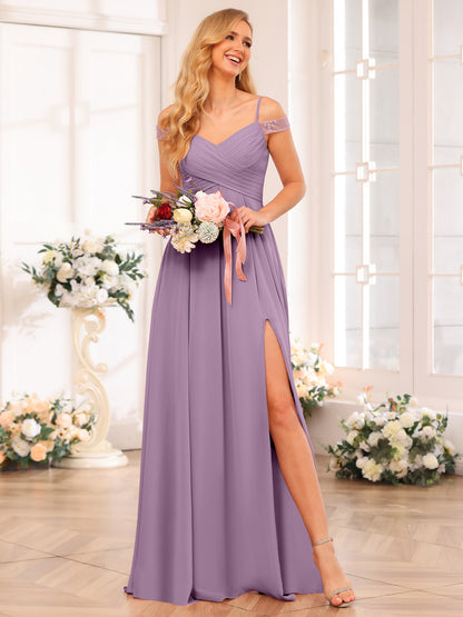 Forme Princesse Bretelles spaghetti Longue Robes de soirée de mariage avec Côté fendu et poches