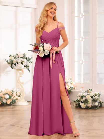 Forme Princesse Bretelles spaghetti Longue Robes de soirée de mariage avec Côté fendu et poches