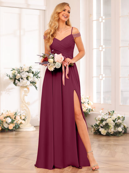 Forme Princesse Bretelles spaghetti Longue Robes de soirée de mariage avec Côté fendu et poches